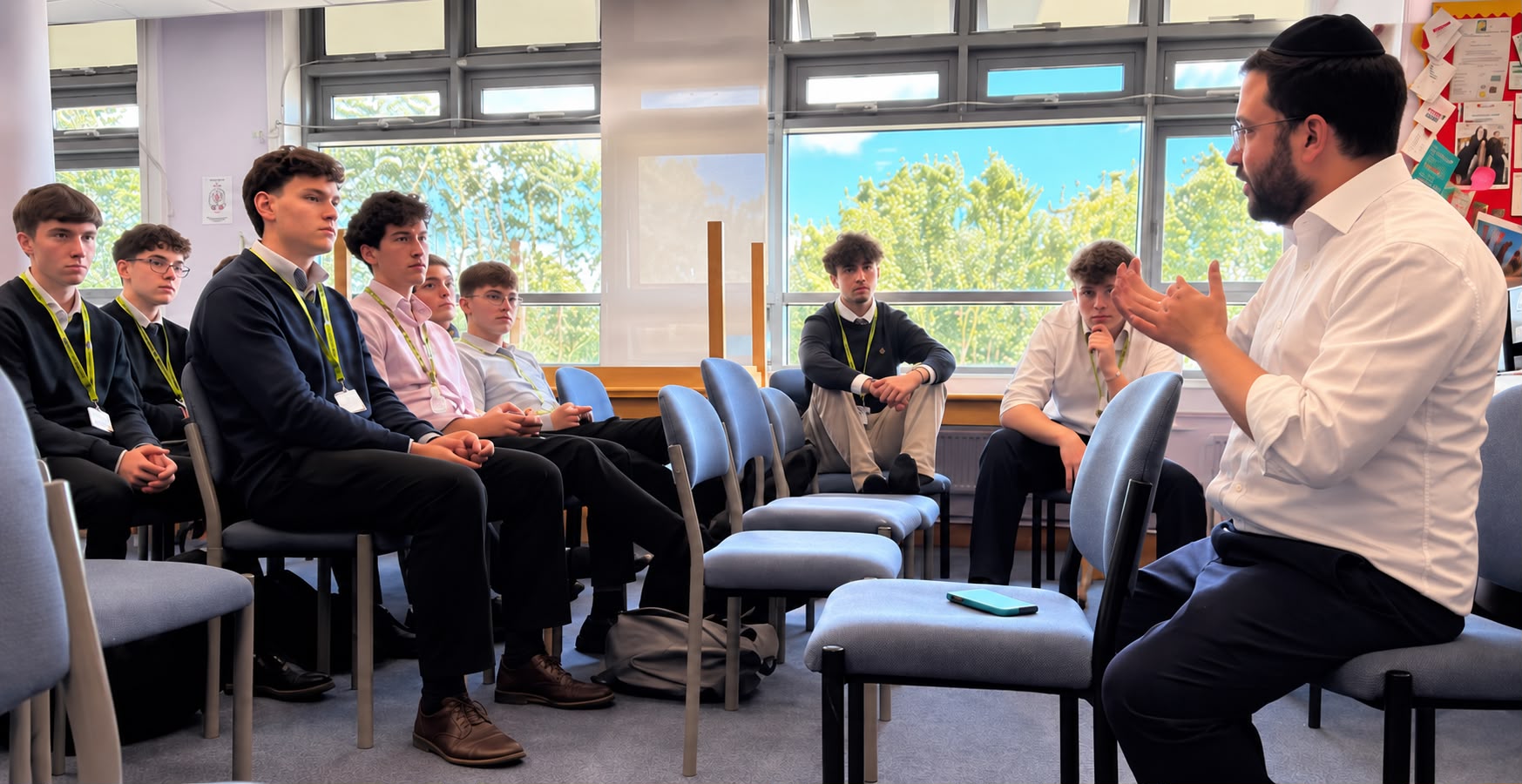 Rabbi Aidyn speaking with students seated in a circle